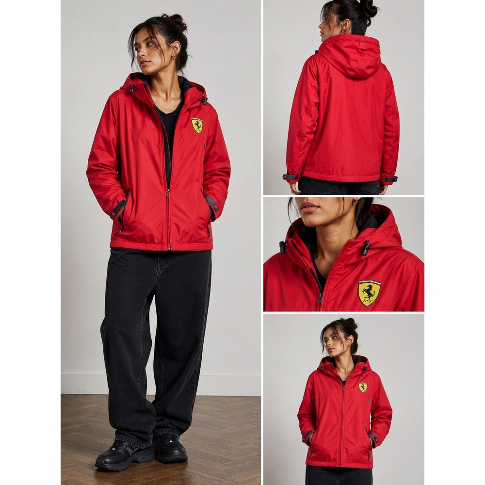 Ferrari Scuderia Hooded Jacket Red Fleece Lined‎ Windbreaker Size Medium